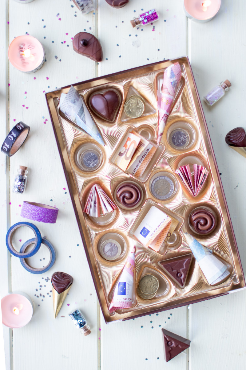 Creative gifts of money in a chocolate box