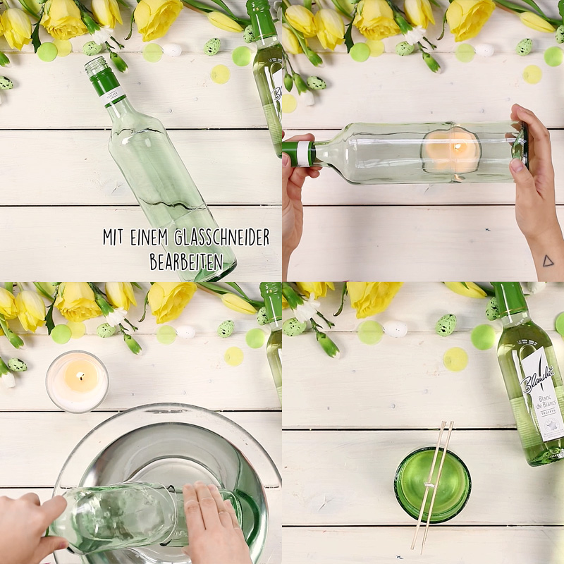2 Geschenke für Ostern: Frühlingskerze und Blumenvase aus Blanchet Weinflaschen