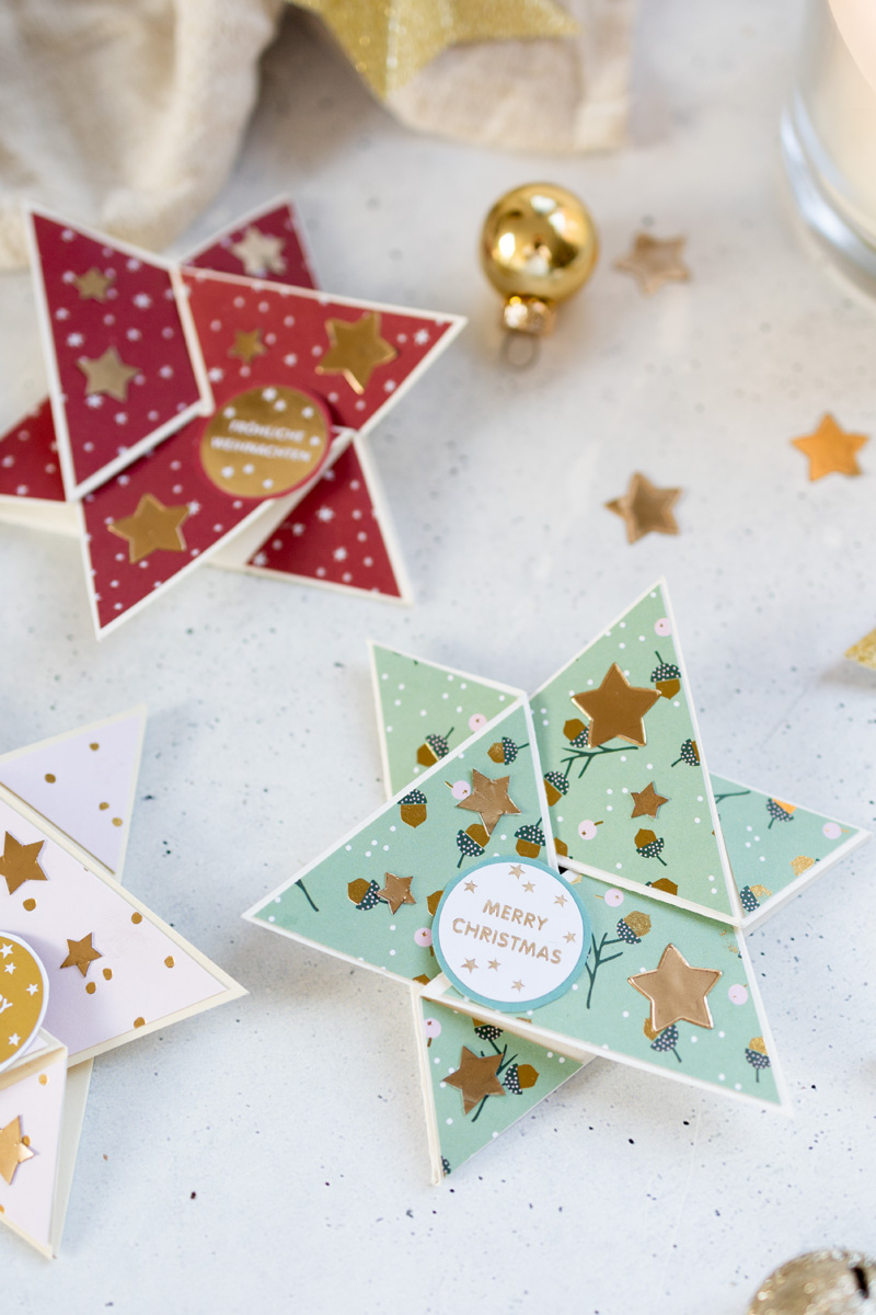 Weihnachtskarte basteln: Star Fold Card mit Vorlage zum Ausdrucken