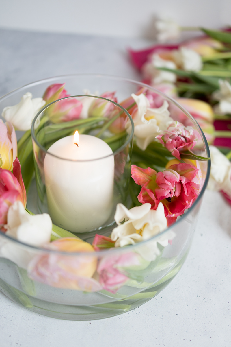 Tischdeko für den Frühling: Dekoschale mit Tulpen