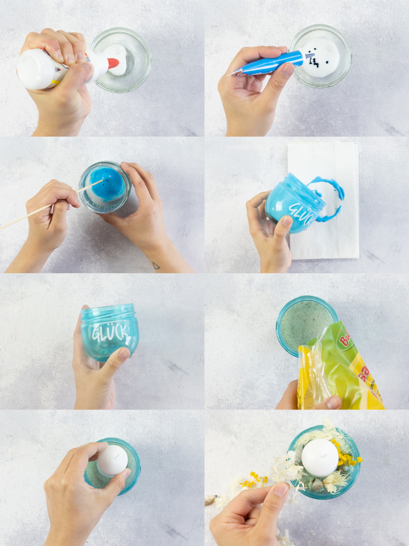 Basteln mit Glück-Gläsern: Muschel-Kerze mit gefärbten Marmeladengläsern #DIYYearChallenge