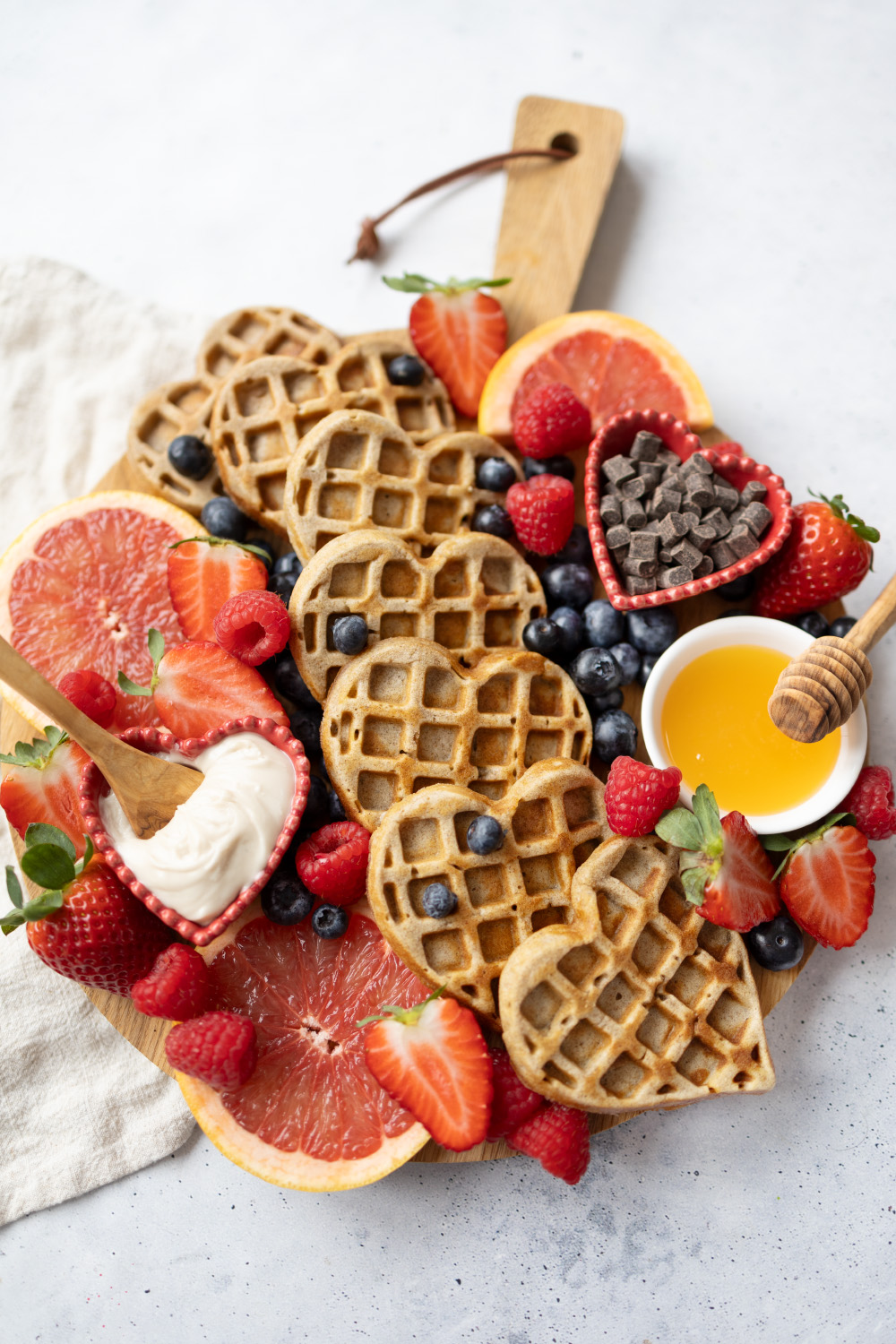 Brunch board with heart waffles for Mother's Day