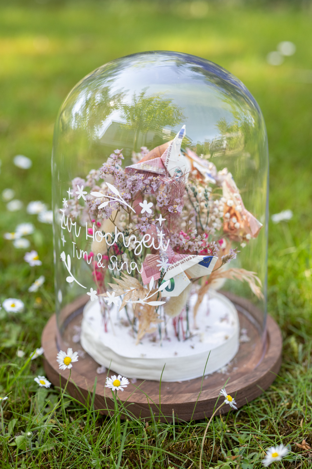 Cash gift butterflies in a glass bell jar #DIYYearChallenge