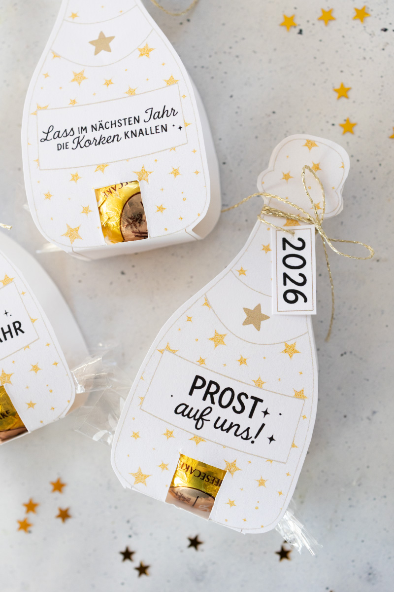 DIY Silvester Gastgeschenk: Sektflaschen für Pralinen einfach selber basteln