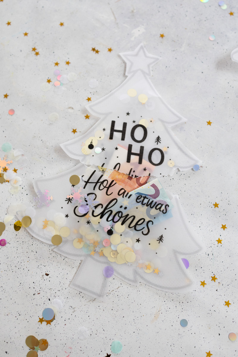 Weihnachtliche Schüttelkarten zum Verschenken von Geld und Gutscheinen