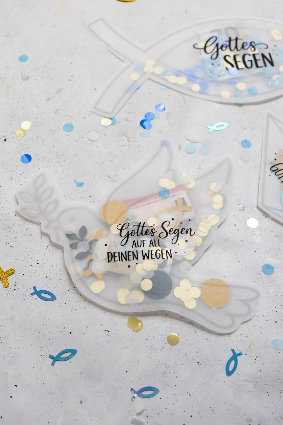 Schüttelkarten für Geld und Gutscheine zur Kommunion, Konfirmation und Taufe