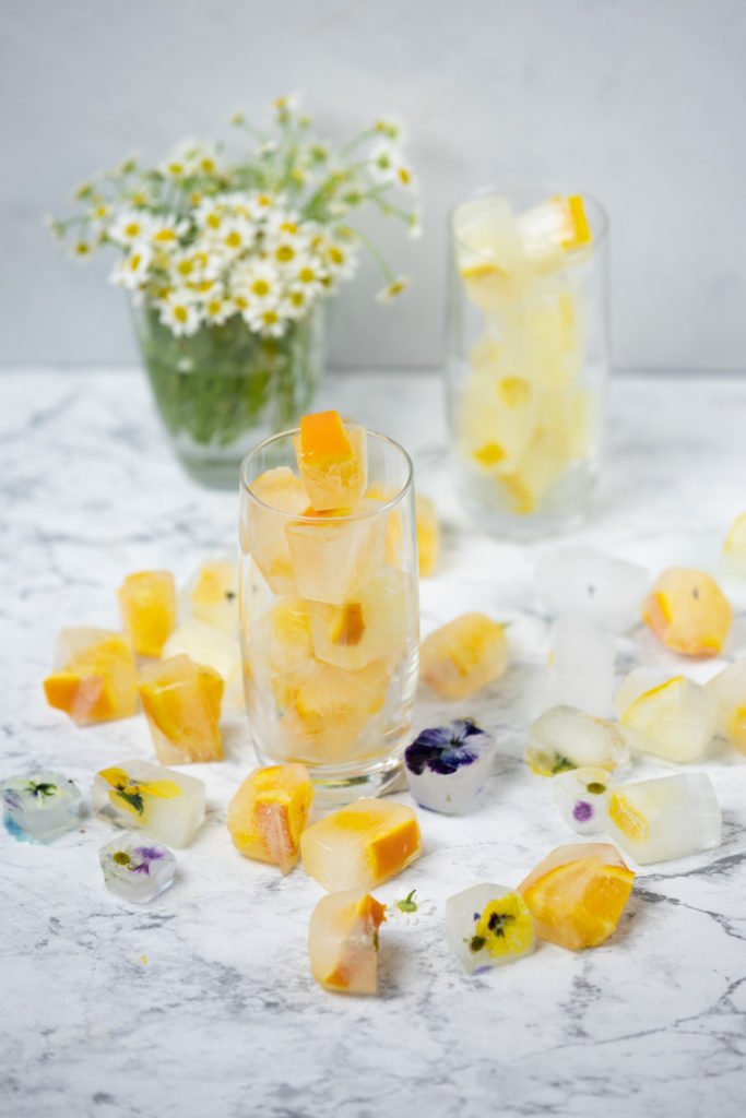 Dekorative Eiswürfel mit Orange, Zitrone und Blumen selbermachen ...