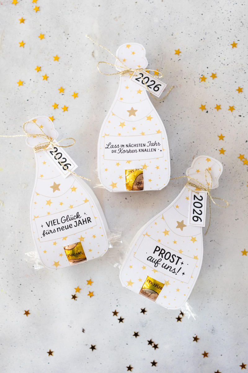 DIY Silvester Gastgeschenk: Sektflaschen für Pralinen einfach selber basteln