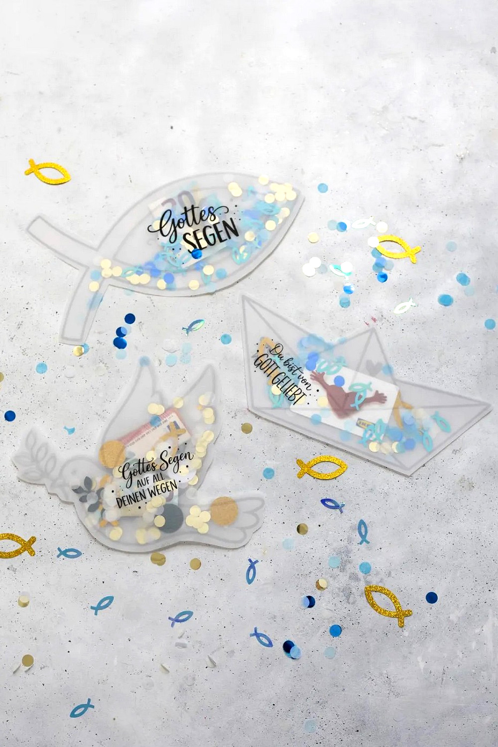 Schüttelkarten für Geld und Gutscheine zur Kommunion, Konfirmation und Taufe